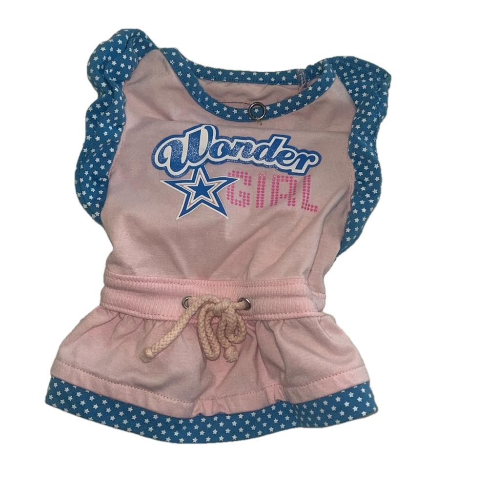 small pink and blue wonder girl dog dress